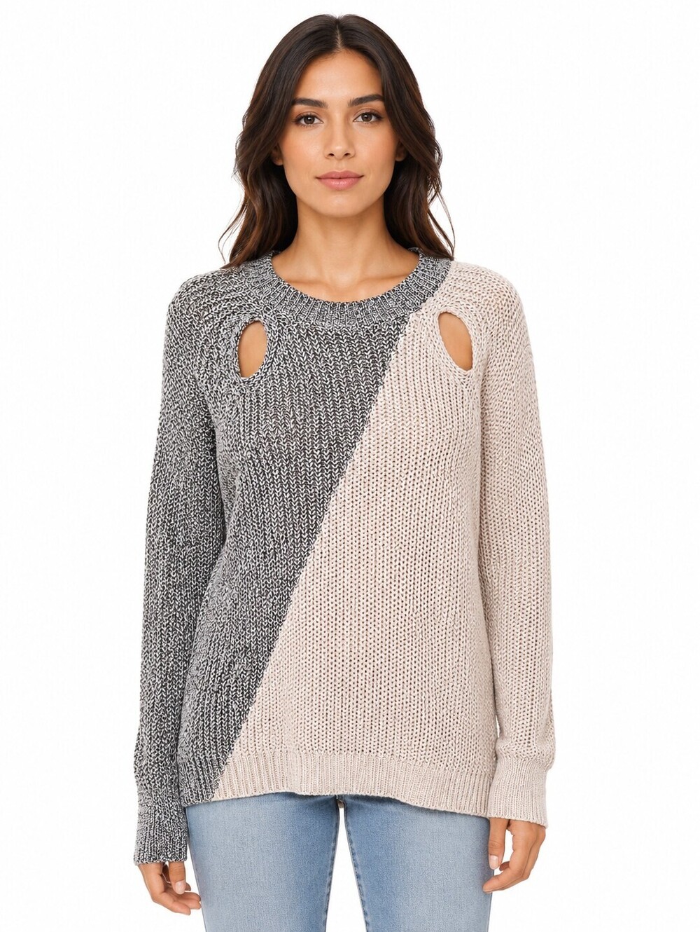 BCBGMAXAZRIA Elvina Colorblock Knit Sweater Gray Cream Cutout Shoulder - Small